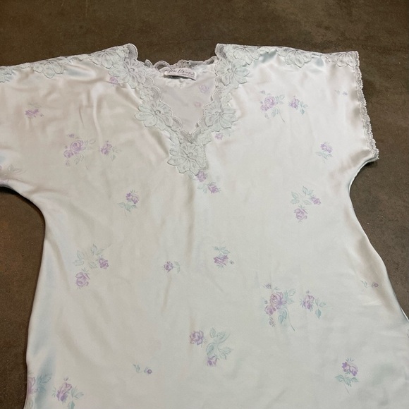 Vintage Miss Elaine Nightgown USA Made Silky Lace Light Blue Floral Sleepwear - Picture 3 of 8